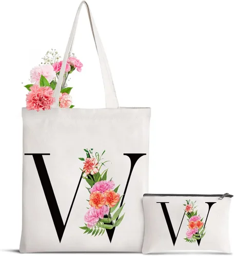 Miniatura 15 de Bolsa de lona con letra inicial personalizada, regalo para el día de la madre, damas de honor, novia, cumpleaños, boda Flower-D