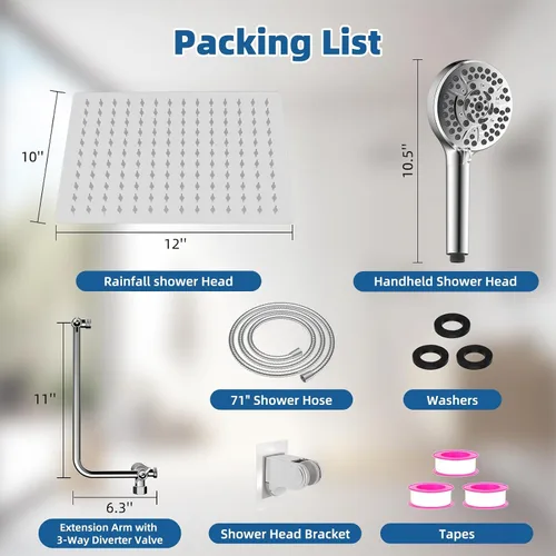 Miniatura 6 de Cabezal de ducha de metal de 12 pulgadas, cabezal de ducha de alta presión, cabezal de ducha de mano con brazo de extensión de ducha ajustable de 11