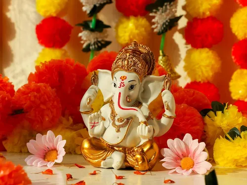 Miniatura 2 de alikiki Estatua de ídolo hindú de Dios Ganesha – 5.6 pulgadas de alto, tono dorado, dios indio Señor Ganpati Murti para decoración de Diwali Pooja