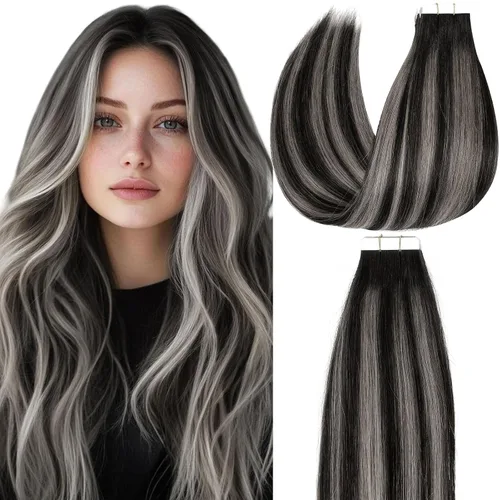 Miniatura 16 de Loxxy Extensiones adhesivas de cabello humano de 12 pulgadas, extensiones de cabello humano real color negro azabache, con cinta adhesiva de trama