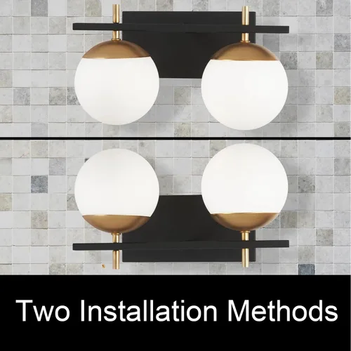Miniatura 4 de 2 lámparas de baño, luz negra y dorada, luz de baño de mediados de siglo sobre espejo con pantalla de globo de vidrio blanco, apliques de pared