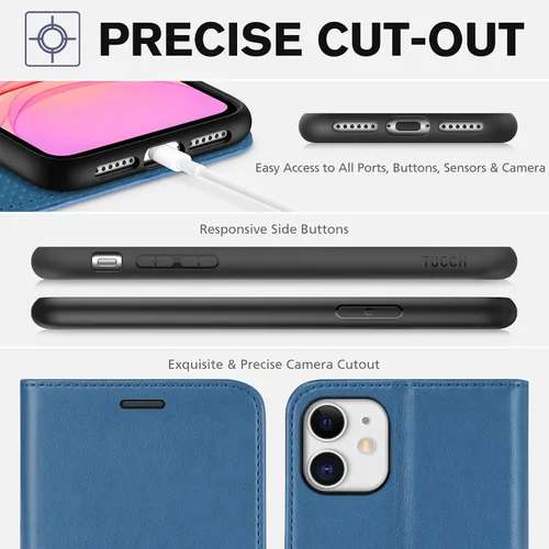 Miniatura 8 de TUCCH - Funda tipo cartera para iPhone 11, con ranura para tarjeta con bloqueo RFID [Funda protectora interior de TPU], cubierta magnética de piel