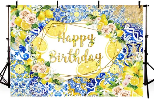 Miniatura 2 de MEHOFOND Telón de fondo de limón con diseño de feliz cumpleaños, azulejos azules, fondo mediterráneo de Marruecos, decoración de fiesta