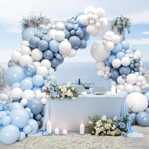 Miniatura 7 de Kit de arco de globos azules y blancos de 134 piezas, globos azules y blancos con confeti azul polvoriento para aniversario, revelación de género