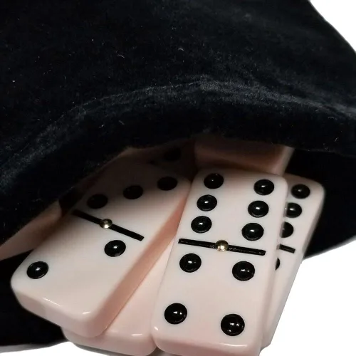 Marion Dominó Doble Seis 6 Fichas Cremosas Sonrosadas Tamaño Profesional de Torneo Jumbo con Giradores en Bolsa de Terciopelo Negro Elegante Rubor