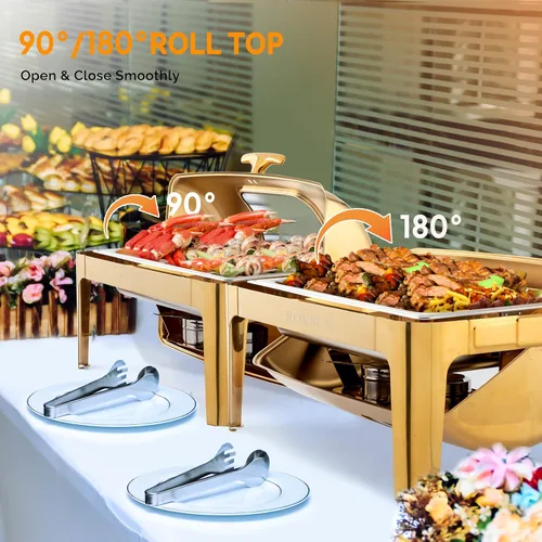 Miniatura 5 de ROVSUN Juego de platos de 9 cuartos de galón para bufé, juego de bufé de platos de rozamiento enrollable de acero inoxidable y calentadores de bufé