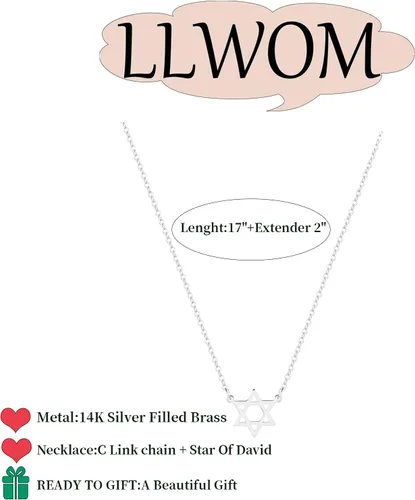 Miniatura 5 de LLWOM Collar de oro para mujer, chapado en oro de 14 quilates, collar de estrella de David, dije de cruz de mal de ojo, corazón delicado collar
