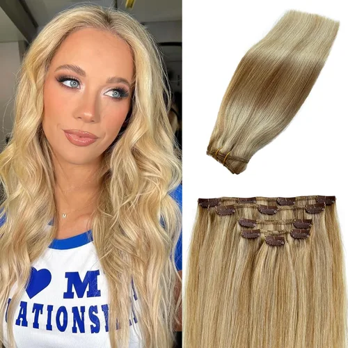 Miniatura 43 de Extensiones de cabello rubio ceniza con reflejos, extensiones de cabello humano real con clip, de 12 pulgadas, 2.47 onzas, doble trama, invisible