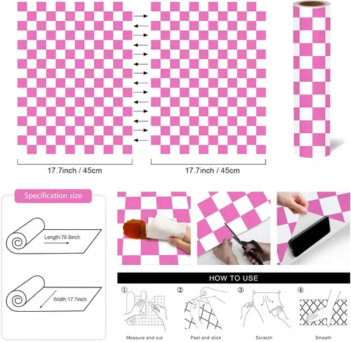 Miniatura 3 de Papel Tapiz Moderno Despegar y Pegar Rosa y Blanco de Mosaico a Cuadros Papel de Contacto 17.7"x78.8" Papel Tapiz Autoadhesivo de Celosía Removible