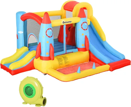 Outsunny 4 en 1 castillo de salto inflable para niños con 2 toboganes, pared de escalada, trampolín, y área de piscina de agua