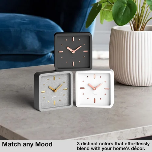 Miniatura 6 de Driini Reloj moderno de mediados de siglo para escritorio y estante (negro y oro rosa) - funciona con pilas, con movimiento analógico silencioso