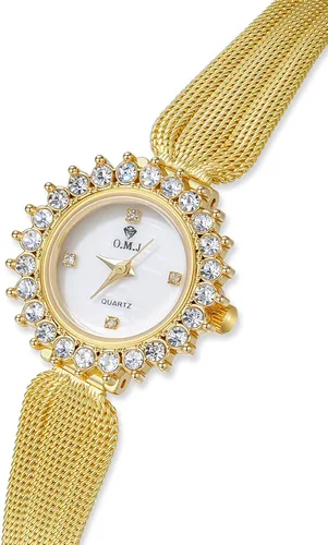 Miniatura 3 de Women's Gold Watch Crystal Bezel Mesh Band Mother of Pearl Dial
