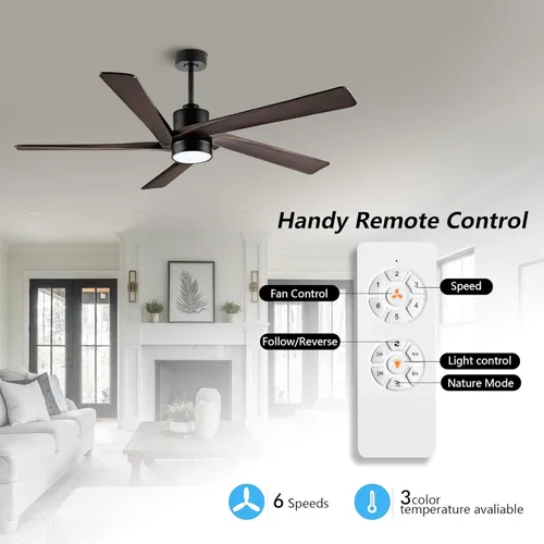 Miniatura 2 de WINGBO Ventilador de techo CC de 64 pulgadas con luces y control remoto, 5 cuchillas reversibles de madera tallada, motor de CC silencioso de 6