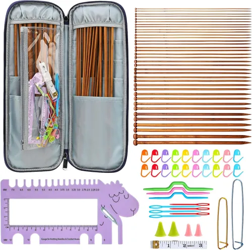 Miniatura 7 de LOOEN Kit de 36 agujas de tejer de bambú de una sola punta de 0.079 in-0.394 in + herramientas de tejer kits de tejer (gris)