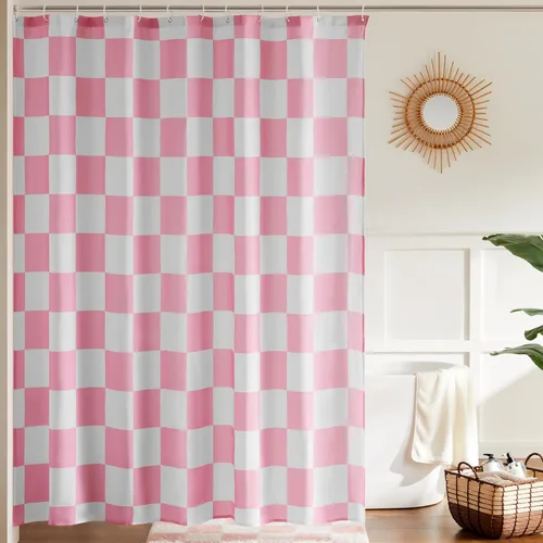 Ohocut Cortina de ducha a cuadros, cortinas de ducha rosas para baño, bonita cortina de ducha retro de tablero de ajedrez, estética vintage, cortina