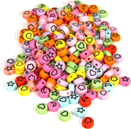 200 cuentas redondas planas de plástico acrílico de colores brillantes surtidos de 0.276 in x 0.157 in con flores grabadas, corazones, lunas, Negro