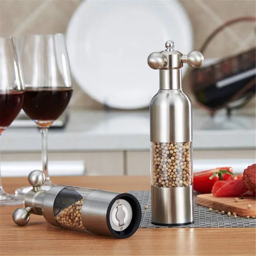 Miniatura 8 de Molinillo de sal y pimienta, grifo manual de acero inoxidable con asa, grosor ajustable recargable, para el hogar, restaurante, barbacoa, plata, M
