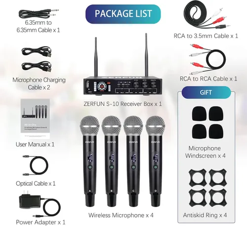 Miniatura 7 de Sistema de micrófono inalámbrico recargable de 4 canales Pro y Pre Effector, micrófonos inalámbricos de mano de metal UHF con corte vocal