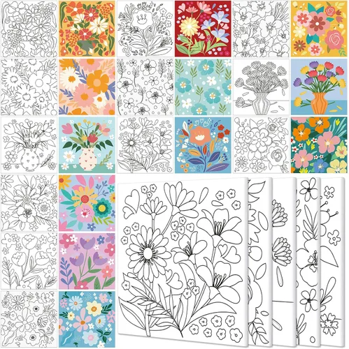 Teling Kit de 12 lienzos estirados predibujados para adultos, pintura preimpresa, contorno de lienzo para bricolaje, recuerdos de fiesta, 6 x 6 x