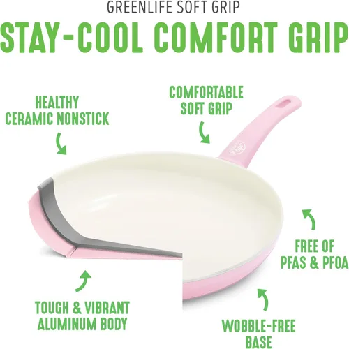 Miniatura 3 de GreenLife Soft Grip Healthy Ceramic Antiadherente, juego de sartenes de 8, 10 y 12 pulgadas, sin PFAS, apto para lavavajillas, rosa suave