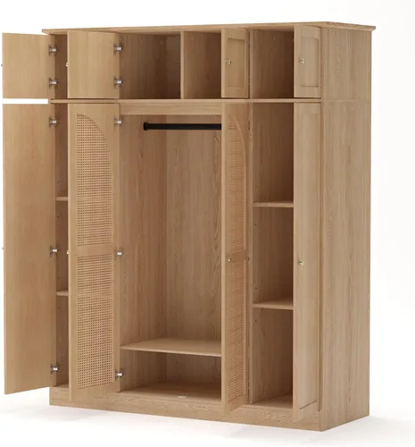 Miniatura 9 de Armario grande de 4 puertas con puertas de ratán, armario de madera independiente de 70.87 pulgadas de alto con barra para colgar y estantes