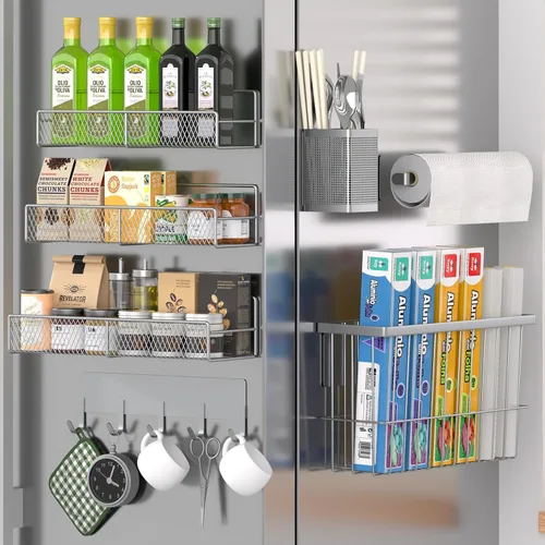Miniatura 24 de Estante magnético para especias para refrigerador, paquete de 7 estantes magnéticos fuertes 100% de metal, organizador de especias con soporte