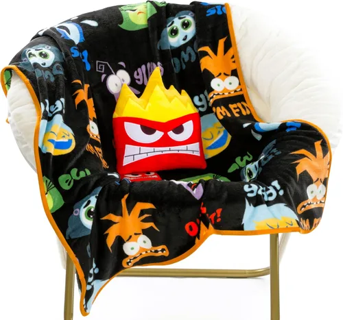 Jay Franco Disney Pixar Inside Out Anger Nogginz - Juego de ropa de cama de viaje de 40 x 50 pulgadas, manta y almohada de viaje ligera para niños,