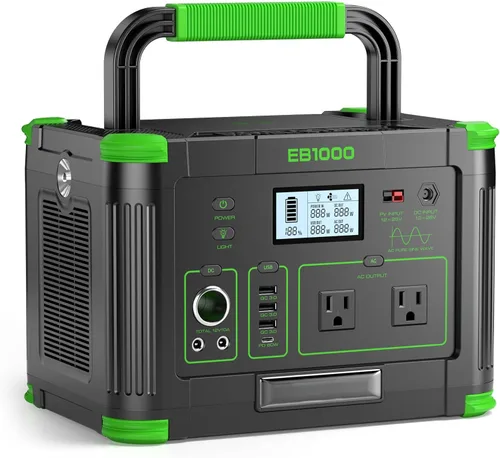 Estación de energía portátil de 1000 W (pico de 2000 W), generador solar de 999 Wh, salida de CA de onda sinusoidal pura de 110 V con PD de 60 W