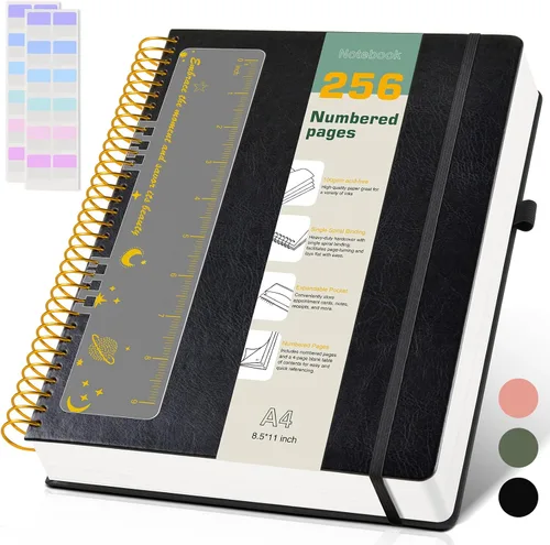 Cuaderno de espiral A4 de 8.5 x 11 pulgadas, 256 páginas numeradas, de tapa dura, de cuero, para mujeres y hombres, cuadernos grandes rayados