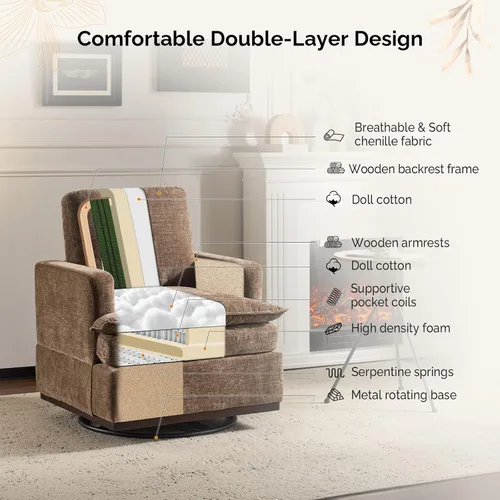 Miniatura 3 de VINGLI Silla giratoria de 360° con cojines de asiento de doble capa, sillón giratorio moderno, silla de club cuadrada tapizada para sala de estar