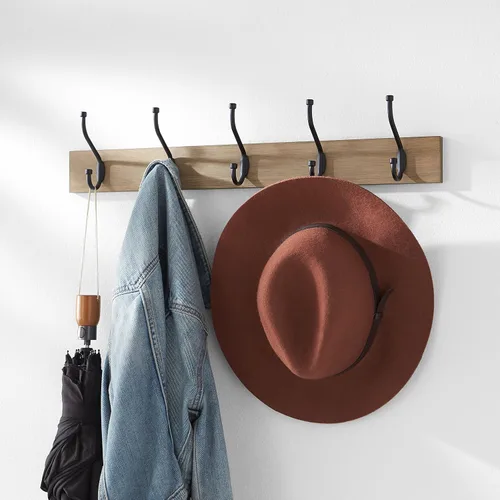 Miniatura 6 de Amazon Basics - Perchero de pared rectangular estilo casa de campo con ganchos de almacenamiento, 5 ganchos, color madera de granero Casa de campo