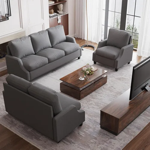 Juego de sofá y sofá de 3 piezas, sofá de tres asientos y sillón Singel con ribete de cabeza de clavo, sofá tapizado de lino y sofá biplaza con Gris