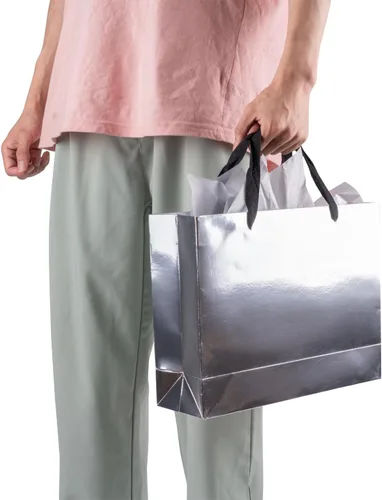 Miniatura 4 de Lyforpyton Bolsas de regalo grandes con papel de seda de 13 x 4.3 x 10.2 pulgadas, bolsas de regalo plateadas para el día del padre, fiesta