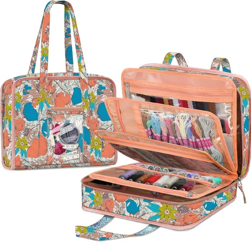 Miniatura 10 de FINPAC Bolsa de almacenamiento de suministros de costura y manualidades, bolsa organizadora de viaje de gran capacidad con bolsillos transparentes