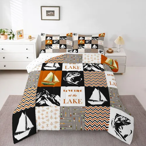 Miniatura 35 de Juego de edredón de casa del lago, tamaño individual, juego de ropa de cama con ancla náutica para niños, adolescentes y adultos, edredón retro