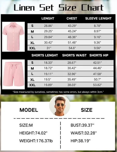 Miniatura 6 de LecGee Conjunto corto casual de verano para hombre, camisa cubana de lino de manga corta, pantalones cortos con cordón en la cintura, trajes