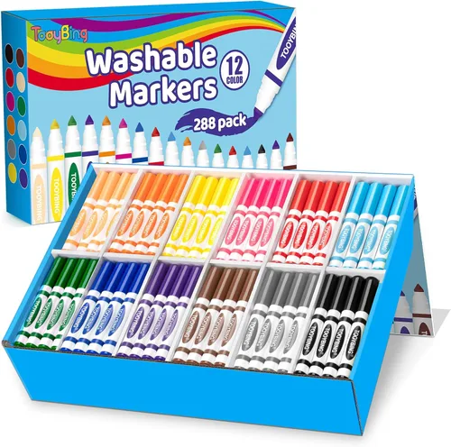 TooyBing Marcadores lavables a granel (288 unidades), 12 colores surtidos, marcadores lavables para niños en el aula escolar, punta ancha duradera