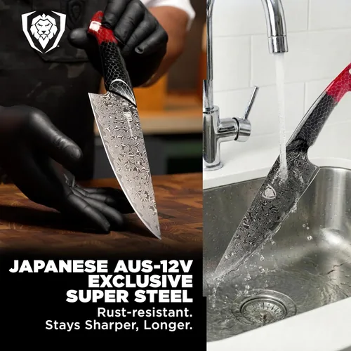 Miniatura 3 de Dalstrong Cuchillo de chef de 8 pulgadas - Serie Scorpion - Acero V12 Ultra™ japonés exclusivo - Damasco negro - Mango de resina negra y roja