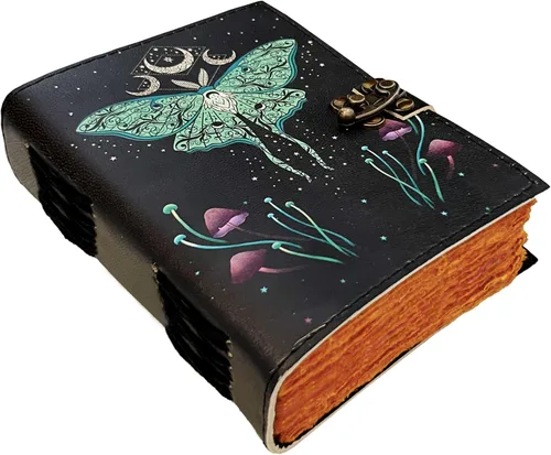 AL HAZZA - Diario de cuero del libro de hechizos, diario de grimorio con motivo de luna y mariposa Morpho, cuaderno Wiccan vintage antiguo para