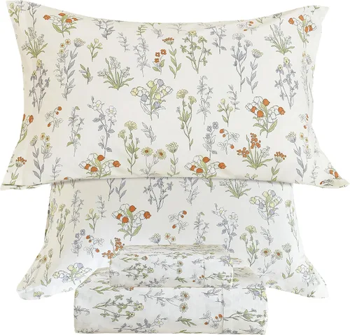 Miniatura 14 de QSH Sábanas 100% Algodón para Cama Tamaño Queen, Patrón Botánico de Plantas con Flores Amarillas, Sábanas de Cama Florales Impresas de Algodón