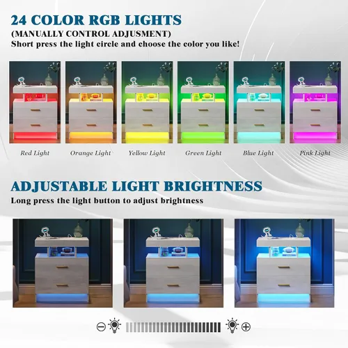 Miniatura 5 de WOOVIVS Juego de 2 mesitas de noche con estación de carga USB/tipo C/inalámbrica, mesitas de noche blancas con luces LED RGB automáticas, juego de 2
