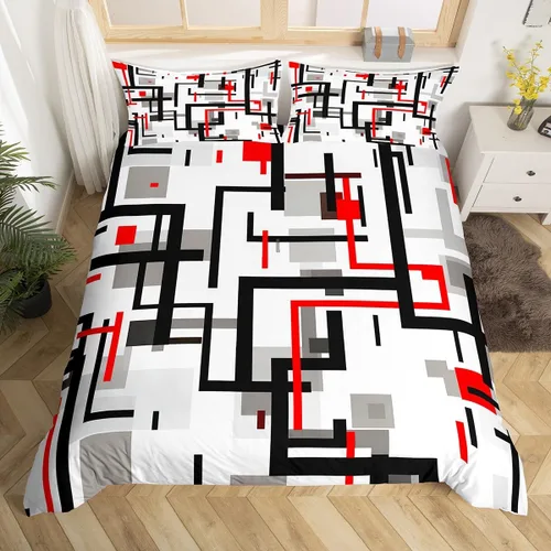 Miniatura 4 de Juego de ropa de cama de líneas negras, rojas y grises, tamaño individual para habitación de niños y niños, juego de funda de edredón con costuras