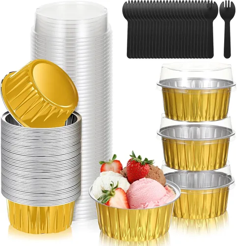 100 moldes redondos desechables de papel de aluminio de 5 onzas con tapas a juego | Portable Disposable Foil Baking Cups, Ideal Food Containers for