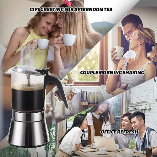 Miniatura 6 de Máquina de café expreso con tapa de cristal y acero inoxidable, cafetera italiana clásica, olla Moka - 4/6/9 tazas, 12.2 fl oz/12.7oz/9 tazas