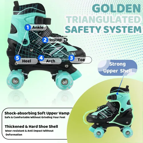 Miniatura 5 de Patines de ruedas para niños y niñas, niños pequeños, principiantes, ajustables, 4 tamaños, patines cuádruples para niños con todas las ruedas Verde