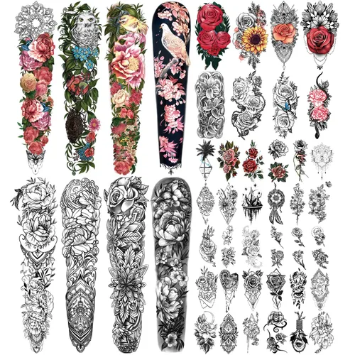 46 hojas de tatuaje temporal de brazo completo para mujeres con peonía, pájaro, margarita, rosa, medio brazo, flores, crisantemo, tatuajes