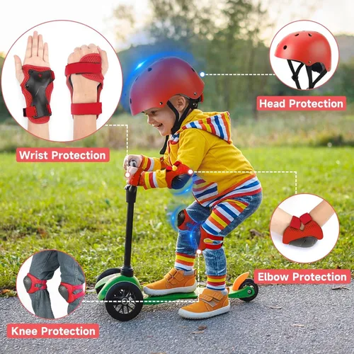 Miniatura 6 de Conjunto de casco de bicicleta para niños pequeños con rodilleras, casco de ciclismo ajustable para niño y niña, equipo de protección Rojo