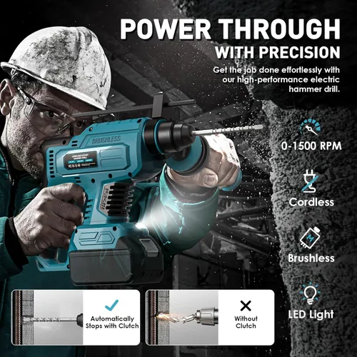 Miniatura 5 de MtiolHig taladro de martillo giratorio de 7/8" compatible con batería Makita de 18V: taladro inalámbrico SDS-Plus con embrague de seguridad