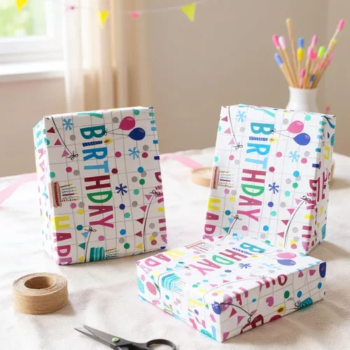 Miniatura 6 de Miss DuiDui Rollo de papel de regalo de feliz cumpleaños, 17 pulgadas x 32.8 pies, texto colorido diseño de feliz cumpleaños, embalaje de regalo