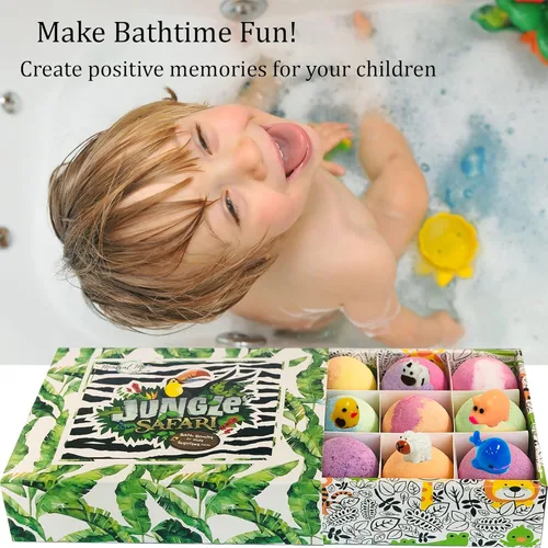 Miniatura 8 de Bombas de baño para niños con sorpresa en el interior, 12 burbujas de baño con juguetes de animales de la selva. Hidratante, suave y seguro